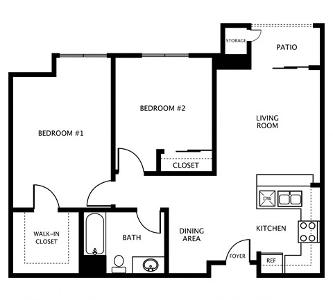 Floor plan for 2 beds, 1 bath, 779 sqft